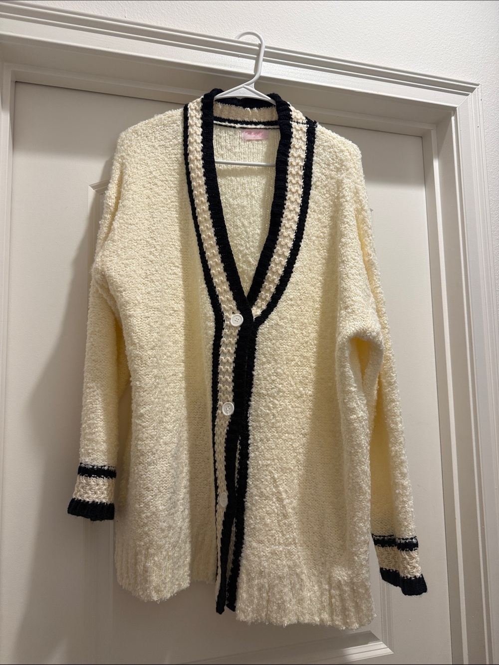 Pink Lily Cream Bouclé Cardigan with Black Trim